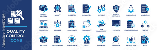 Quality control icons set. Containing inspection, evaluation, product, quality assurance, process, testing and more. Flat vector icons collection.