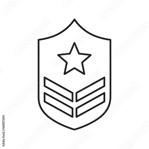 Military rank icon with sergeant chevron and star insignia on shield for army soldier veteran and armed force service award and promotion emblem