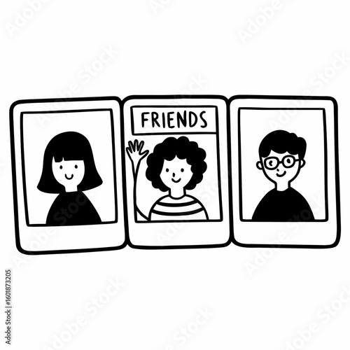 A minimalist line art illustration of friends in photo frames, a cute hand-drawn concept.