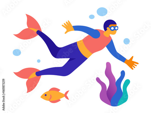 A flat stylized illustration of a person snorkeling in the ocean with a fish and coral.
