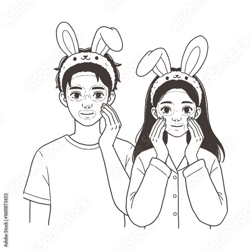 An adorable black and white line art illustration of a young couple enjoying a skincare routine together with facial sheet masks and cute bunny headbands.