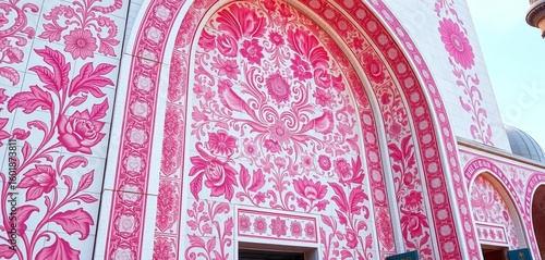 Intricate pink floral tilework adorns a mosque's wall, surface, design