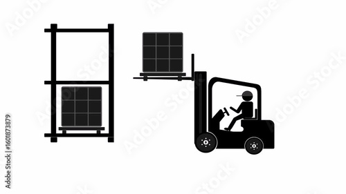 Forklift animation driving with cargo to place on storage rack, then reversing after unloading the load