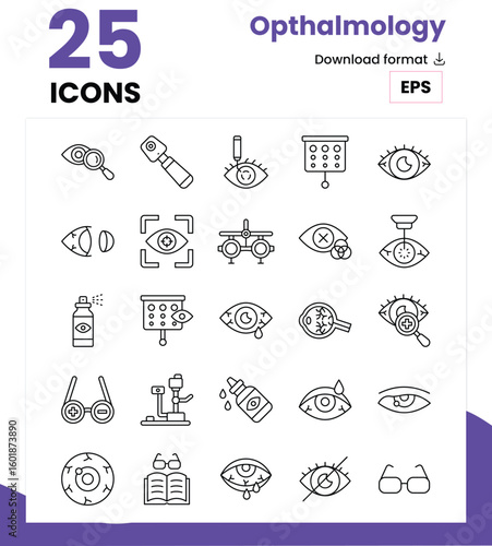 Ophthalmology Icon Set: 50 Precision Line Icons for Eye Care, Vision Testing & Optical Equipment in Clean Vector Style