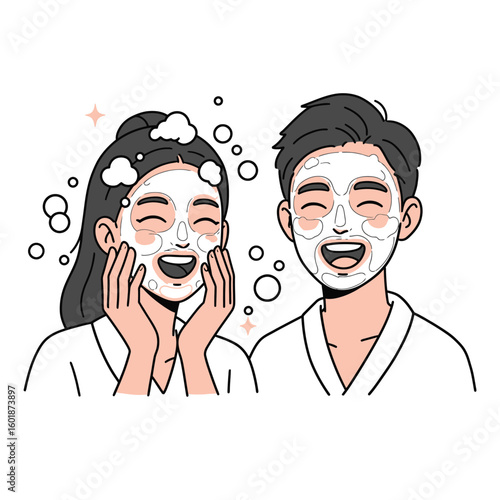 A cheerful couple applying cosmetic facial masks for a skincare routine. Vector illustration of a happy man and woman smiling.