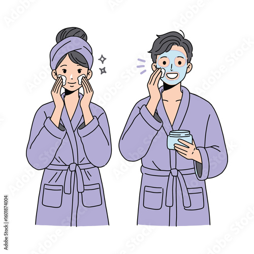 A man and woman in matching bathrobes perform their daily skincare. She cleanses her face while he applies a hydrating facial mask. 
