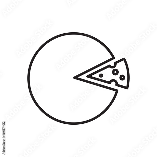 Cheese wheel icon with a sliced piece for dairy food product and gourmet appetizer menu also representing pizza slice or data pie chart design