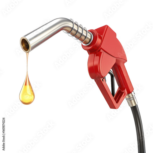 Red fuel nozzle with a golden drop of gasoline isolated on transparent background