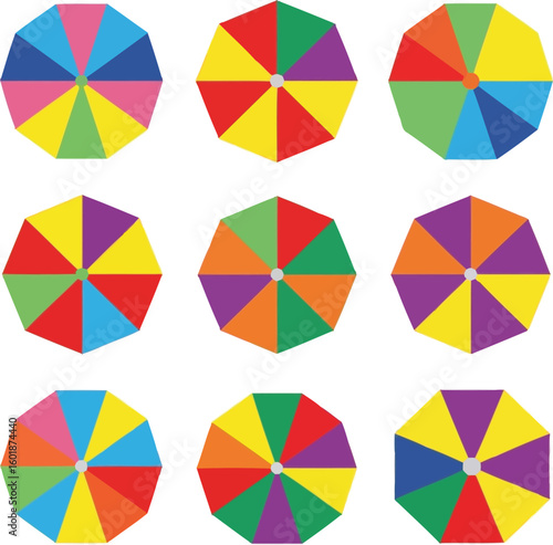Nine colorful octagonal shapes in a grid pattern with different color combinations