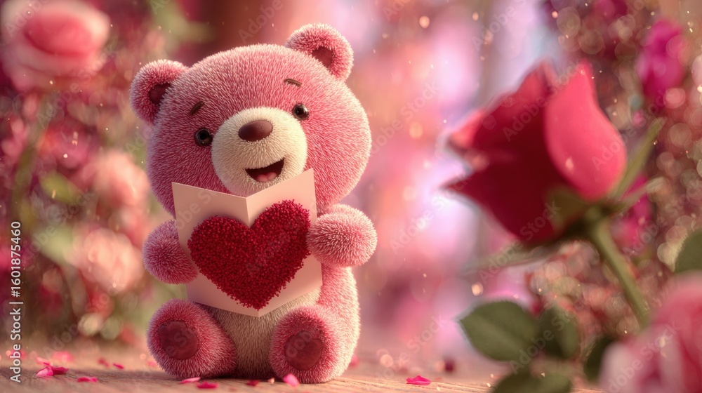 Fototapeta premium A cute pink teddy bear holding a heart card sits among roses, creating a romantic and whimsical atmosphere with soft lighting and bokeh effects.