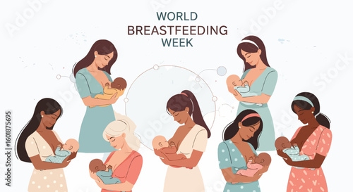 Diverse mothers lovingly breastfeed babies celebrating global World Breastfeeding Week unity