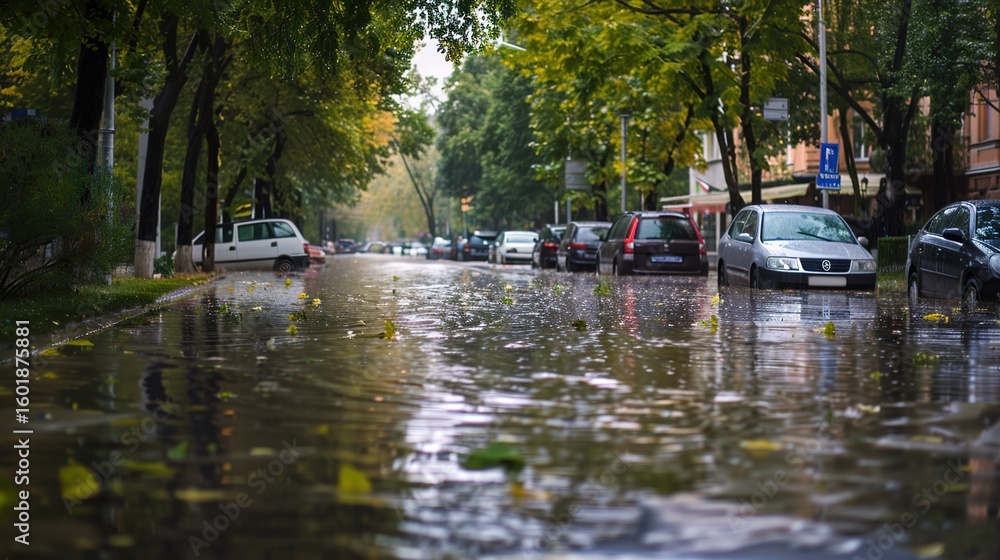 Fototapeta premium Atmospheric Scenes of Streets after Heavy Rain: Glistening Pavements, Reflections of Neon Lights, Wet Storefronts, and Misty Alleyways with Fresh Raindrops, Puddles, and Post-Storm Serenity for Urban 