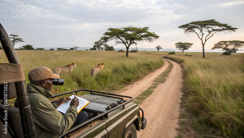 Wildlife researcher observes lions in African savanna from safari vehicle, documenting findings