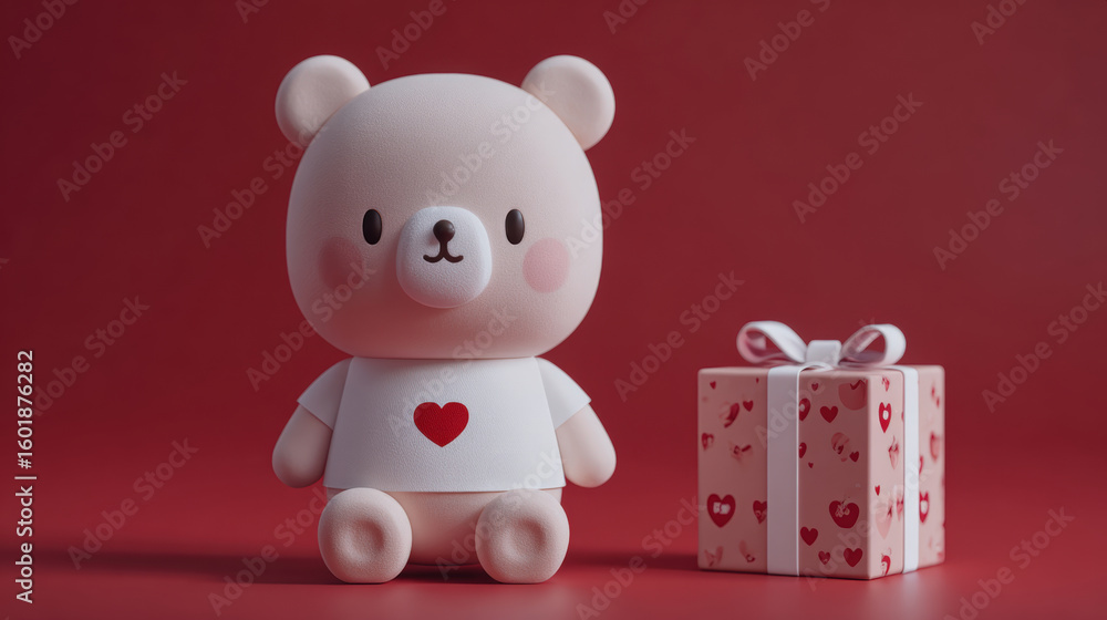 Obraz premium Cute teddy bear with heart shirt sits beside a heart-patterned gift box on a red background, evoking a sense of love and celebration.