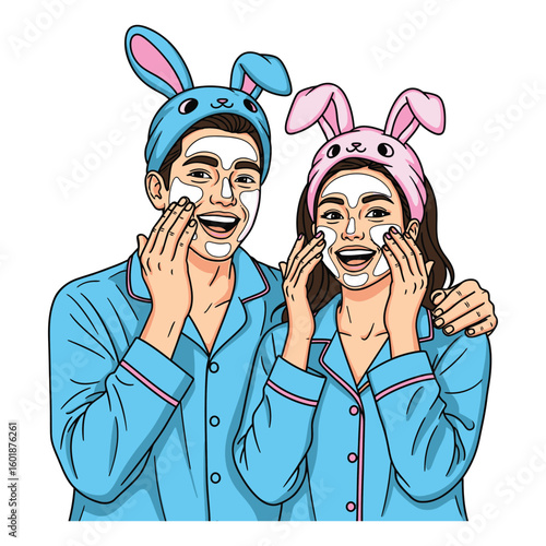 A couple enjoying a skincare routine together. A man gently massages a woman's face with a beauty roller for a relaxing treatment.