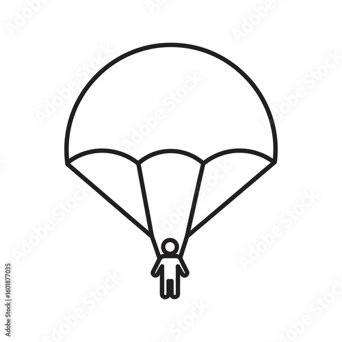 Parachute icon for skydiving extreme sport and air adventure activity showing person paragliding for military airborne mission or recreation