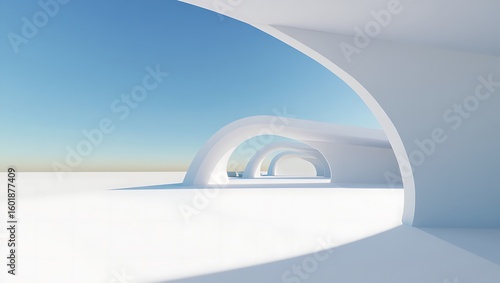A futuristic architectural design with smooth white curves and arches under a clear blue sky
