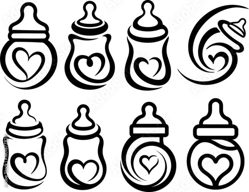 Modern black and white logo set of abstract baby bottle with heart drawn in smooth flowing lines on pure white background