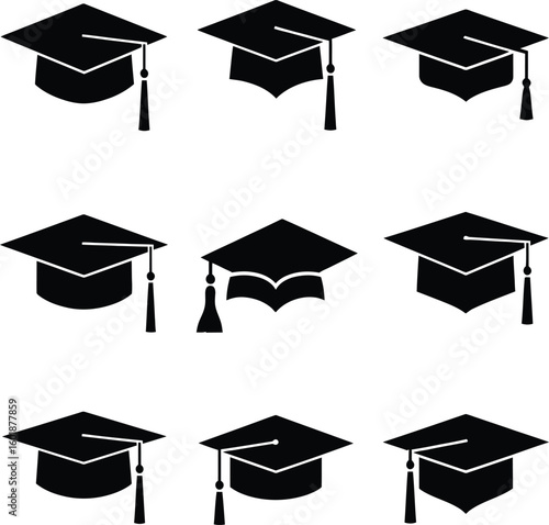 A collection of nine black graduation caps arranged in a grid pattern on a white background