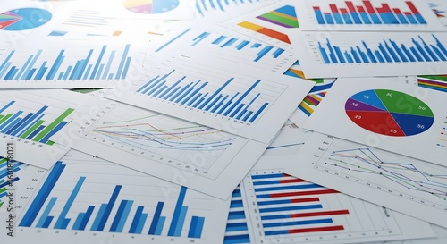 Analyzing business data charts and graphs for financial performance and marketing strategy