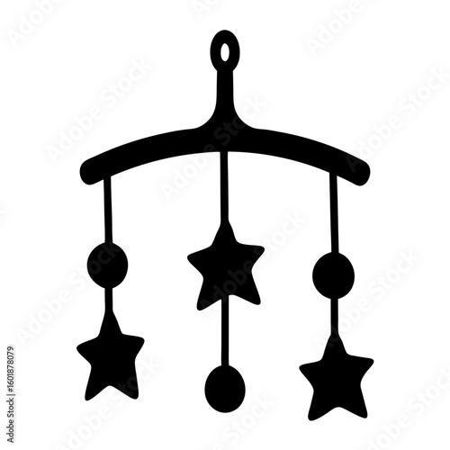 Simple stylized baby crib mobile toy with stars and balls dangling