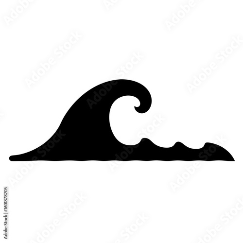 Simple black silhouette of ocean wave with curling crest on white