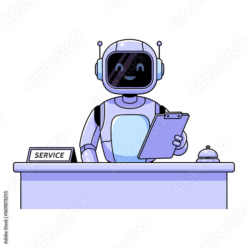 An intelligent AI robot concierge provides excellent customer service from a reception desk, symbolizing the future of automated help and support.