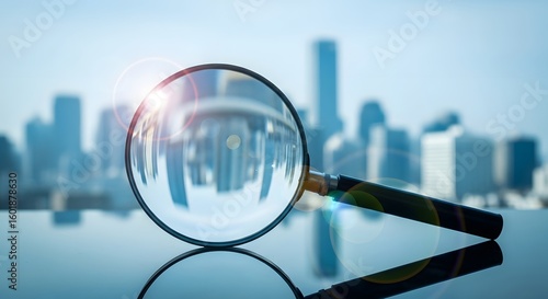 Fototapeta Naklejka Na Ścianę i Meble -  Magnifying glass focusing on city skyline for business analysis and investigation