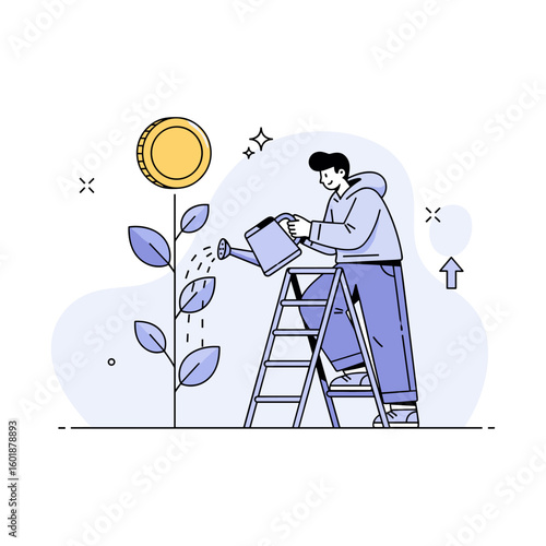 A young man nurtures his financial growth by watering a money plant, illustrating the concept of long-term investment and savings.
