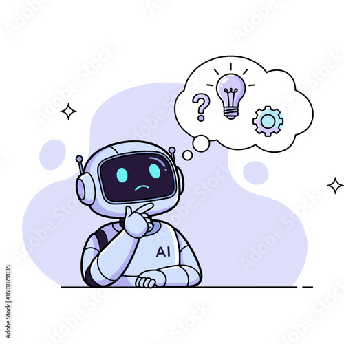 A thoughtful AI robot character in a contemplative pose, pondering a problem with a thought bubble containing a question mark, idea, and gear.