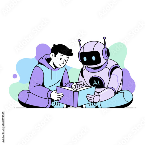 An illustration of a humanoid AI robot teaching a young student from a book, a concept of artificial intelligence in advanced education and tutoring.