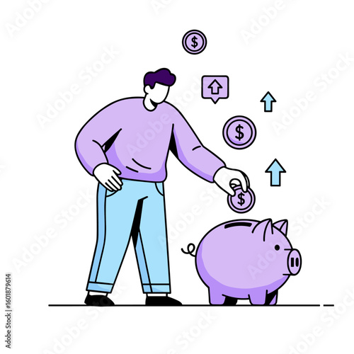 A person carefully places a coin into a purple piggy bank, symbolizing smart savings, investment growth, and future financial security.