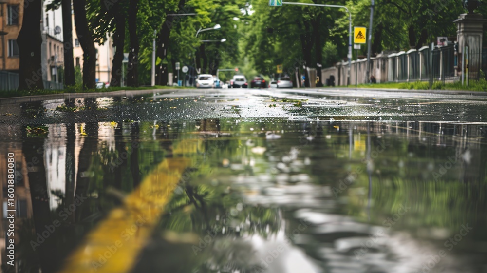 Fototapeta premium Atmospheric Scenes of Streets after Heavy Rain: Glistening Pavements, Reflections of Neon Lights, Wet Storefronts, and Misty Alleyways with Fresh Raindrops, Puddles, and Post-Storm Serenity for Urban 