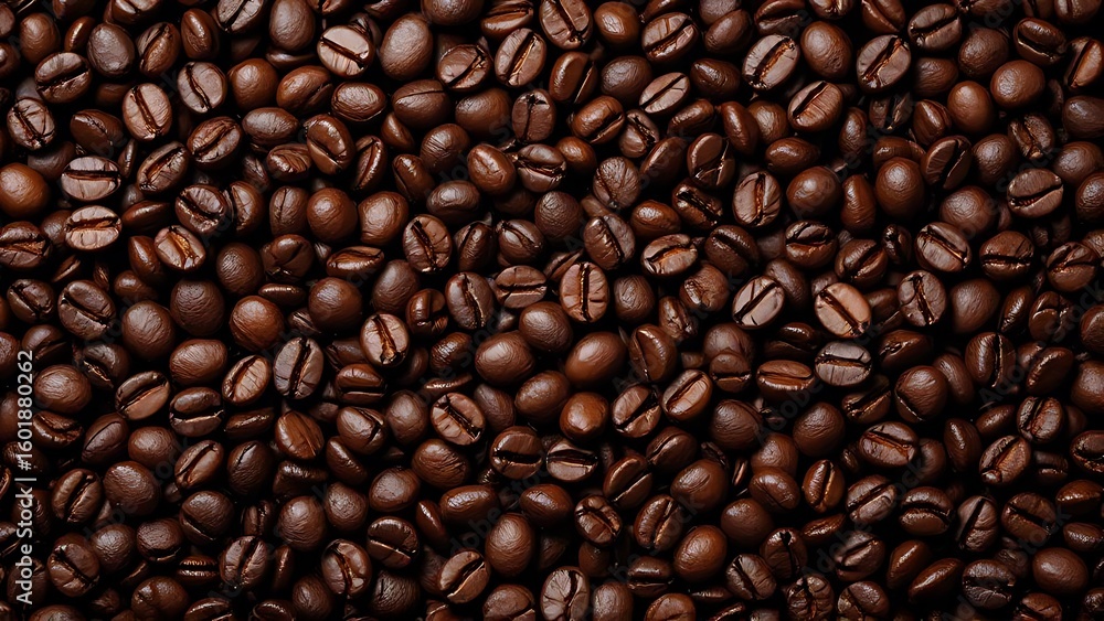 Fototapeta premium Detailed shot of dark roasted coffee beans. Great for product packaging, coffee promotions, cafe marketing, menu design, and food and drink visuals