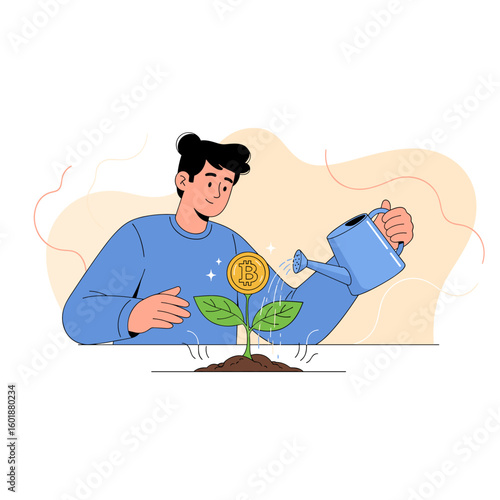 Illustrating financial growth, a man nurtures a budding plant which has a golden cryptocurrency coin, symbolizing investment in digital assets.