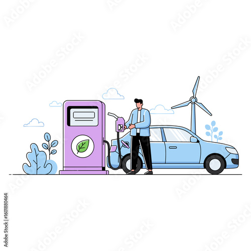 Eco-conscious driver refueling a modern vehicle with green energy from a biofuel pump, highlighting a sustainable transport concept