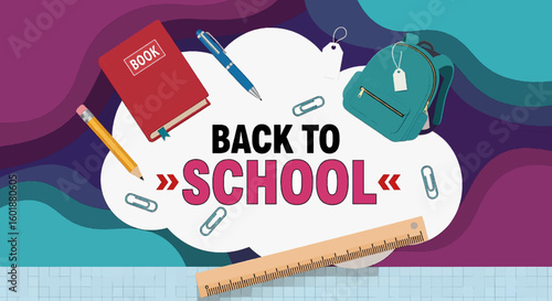 Back to school design featuring a book, pen, backpack and school supplies