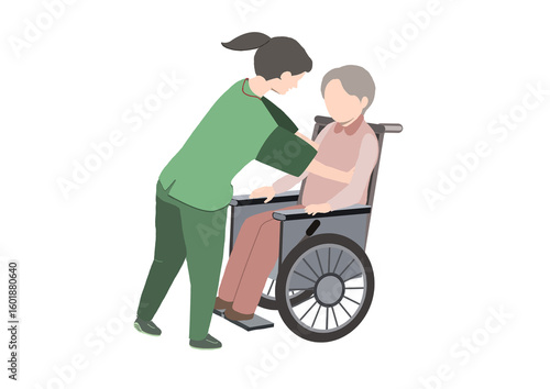 車椅子に乗った老人を抱きかかえようとしている女性の介護士