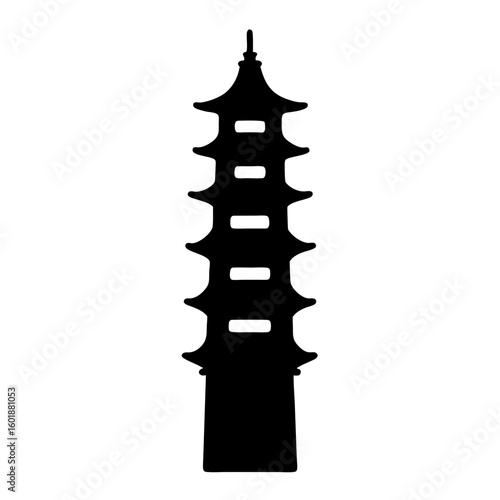 Simple black silhouette of a multistory pagoda against a white background