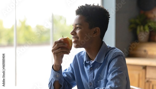 Young person eating an apple by a window