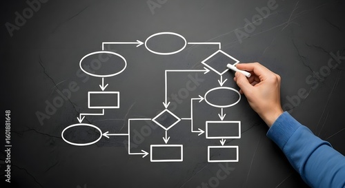 Hand drawing a flowchart with chalk on a blackboard showing process and decision making stages