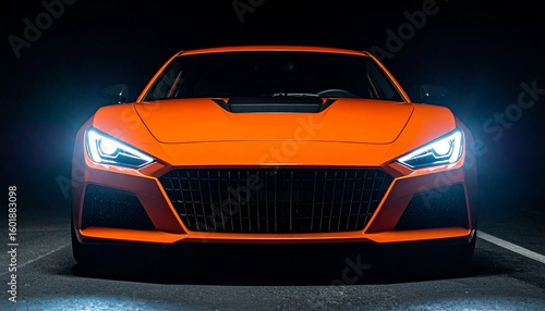 Sleek orange sports car's front, headlights illuminated, dark background.