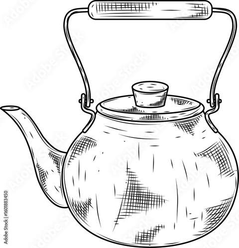 Classic metal teapot hand drawn ink sketch vector