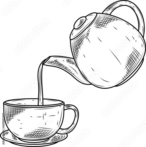 Teapot pouring tea hand drawn ink sketch vector