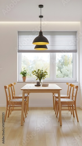 Wallpaper Mural Modern dining room with light wood table and chairs, a two-toned pendant lamp, and a window with a view of trees Torontodigital.ca