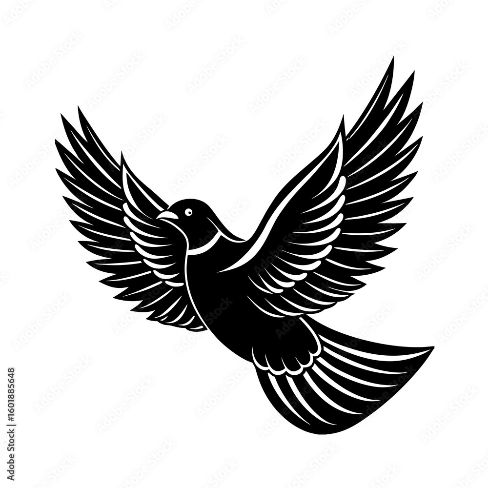 Obraz premium A flat black silhouette of a dove mid-flap with its wings raised high above its body in an upward motion.