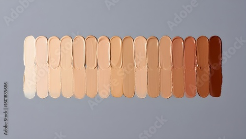 Swatches of foundation makeup in various shades arranged in a row against a gray background.