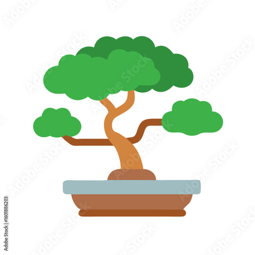 Stylized flat illustration of a bonsai tree on black
