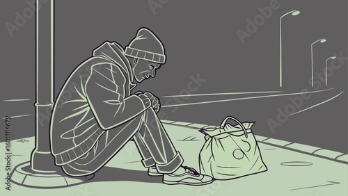 Homeless Man Sitting Alone on City Street – Urban Poverty Illustration