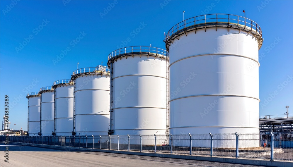 Industrial Storage Tanks Large White Cylindrical Structures Under Bright Blue Sky Industrial Storage Tanks Large White Cylindrical Structures Under Bright Blue Sky